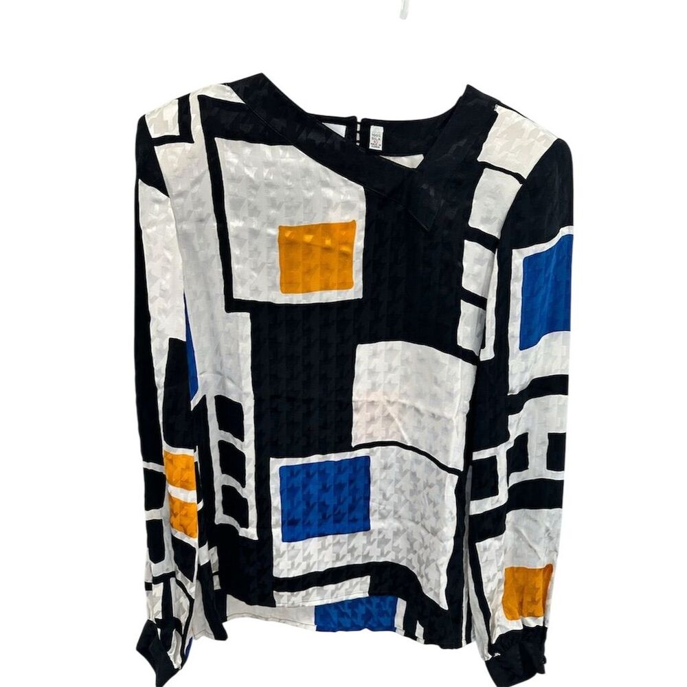Vtg Neiman Marcus Women's‎ Geometric Print Silk Blouse Size 10 Black Standard